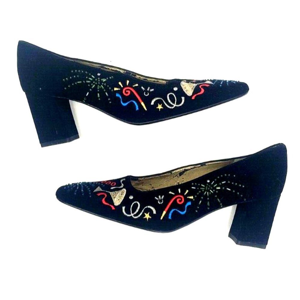 Worthington Black Velvet Embroidered Y2K 2000 Square Toe Heels Vintage Loafers